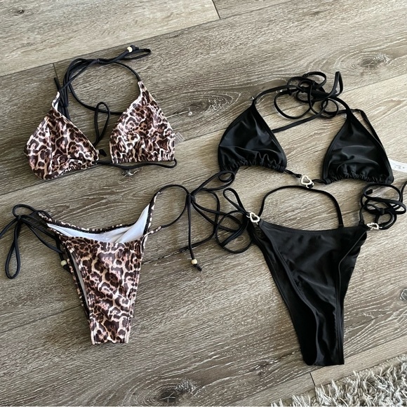 Set of 2 SHEIN Bikini’s Size Medium Cheetah print, Black with Heart rhinestone - Picture 1 of 7